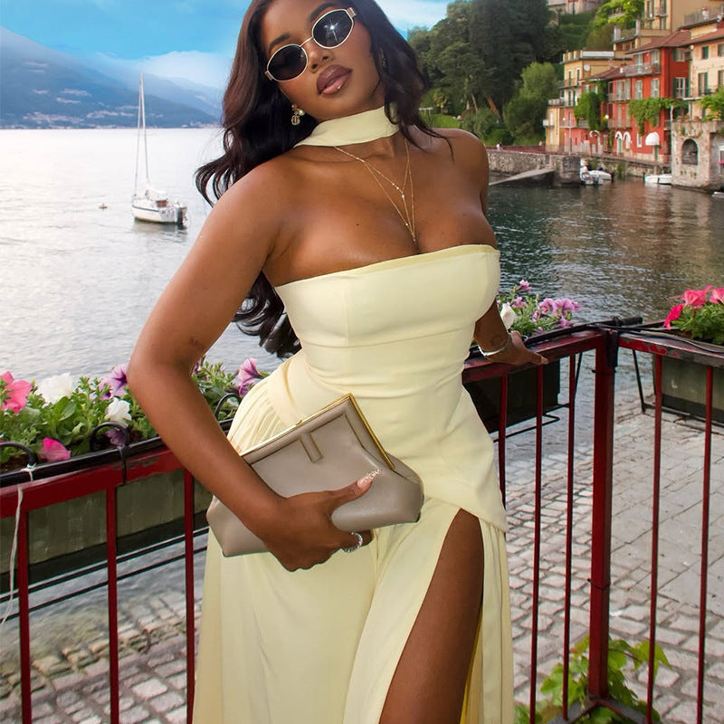 European and american cross-border women's fashion  summer new arrival: elegant halter neck bandeau yellow slit gift long dress