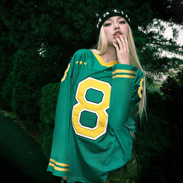 Cross-border American jersey style digital printing contrasting colors loose large version casual T-shirt women's top new sports long sleeves
