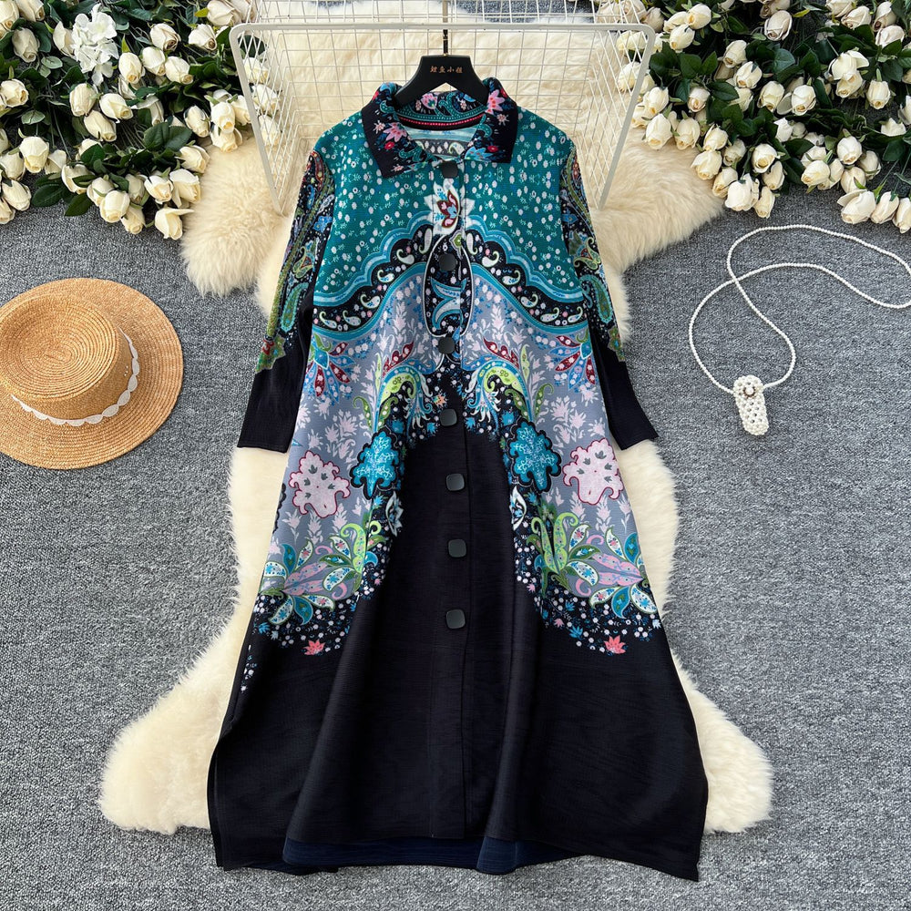 European and american style issey miyake pleated dress for women, autumn , vintage turn-down collar, long sleeve, loose a-line, printed pleated skirt