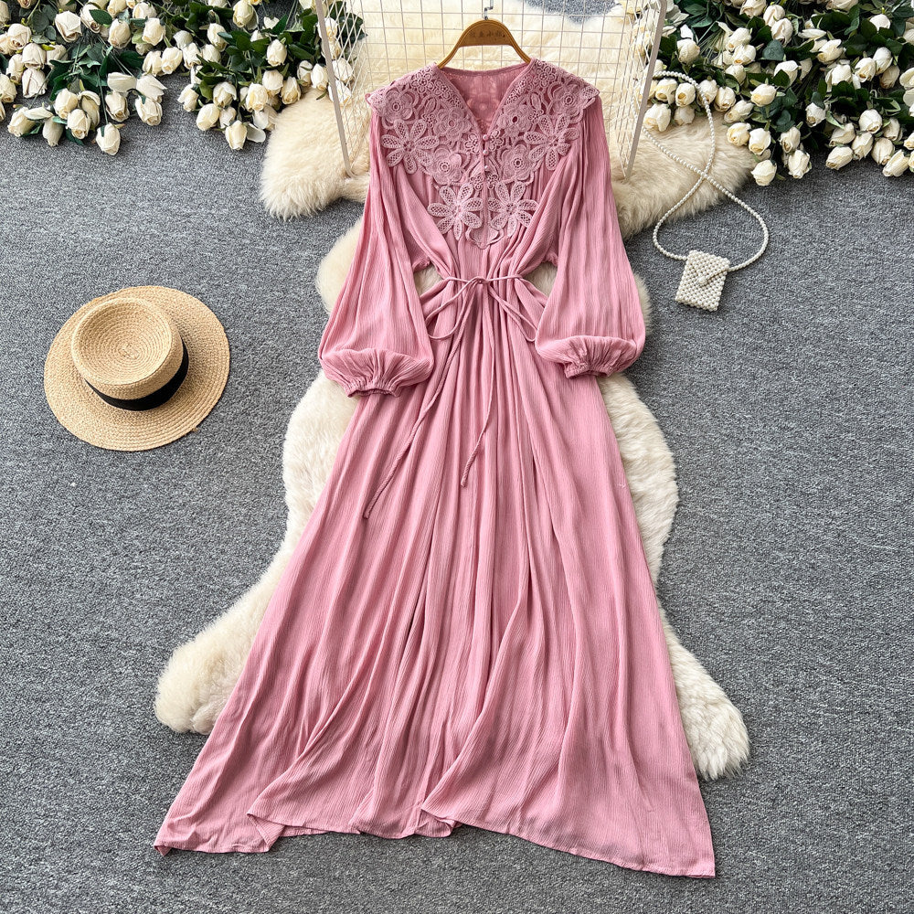 Retroelegance style lantern sleeve v necklacepatchworkdress female k-style waist slimming lookelegant long skirt