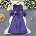 European and american fashion 3d floral flared sleeve tie-waist pleated maxi dress - slimming, elegant, and flowy