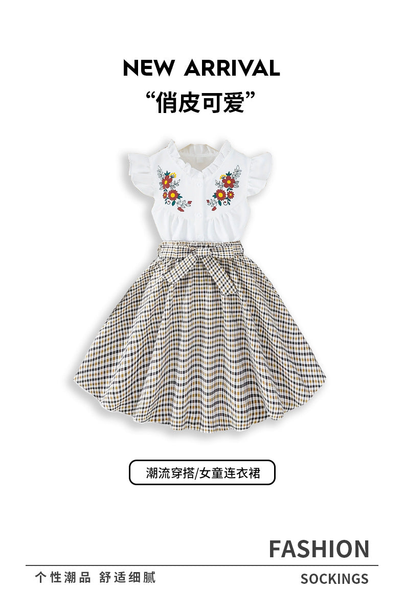 girls' summer dress: cute flutter sleeve printed faux two-piece patchwork plaid a-line skirt for kids