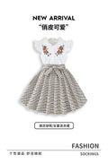 girls' summer dress: cute flutter sleeve printed faux two-piece patchwork plaid a-line skirt for kids
