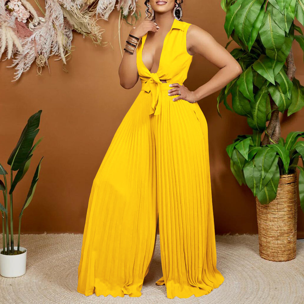 C8533 european and american style women's summer  new fashion v-neck long sleeve turn-down collar loose pleated wide leg jumpsuit - cross-border e-commerce item