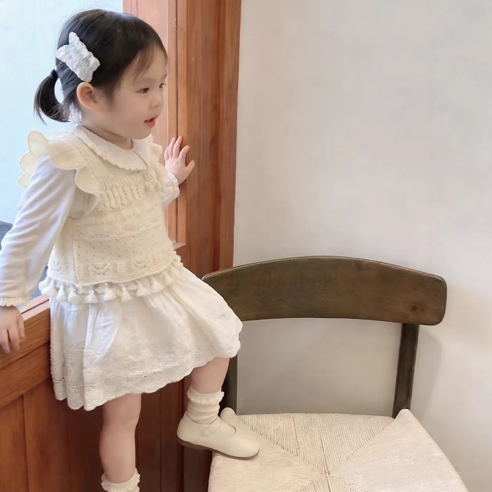 Girls' spring/autumn sweater set: sweet princess collar knit vest with ruffle trim and tassel detail (two-piece outfit)