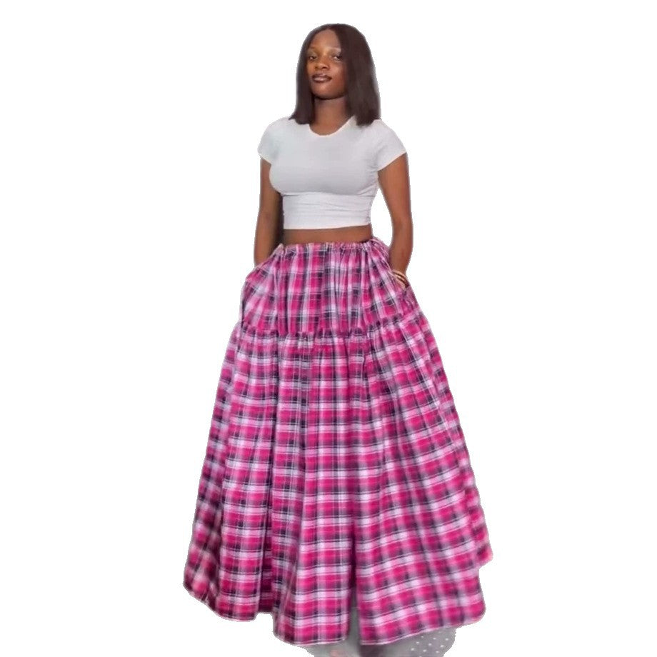 European and american cross-border women's fashion:  summer new arrivals - high-waisted, slimming, plaid, long, a-line midi skirt