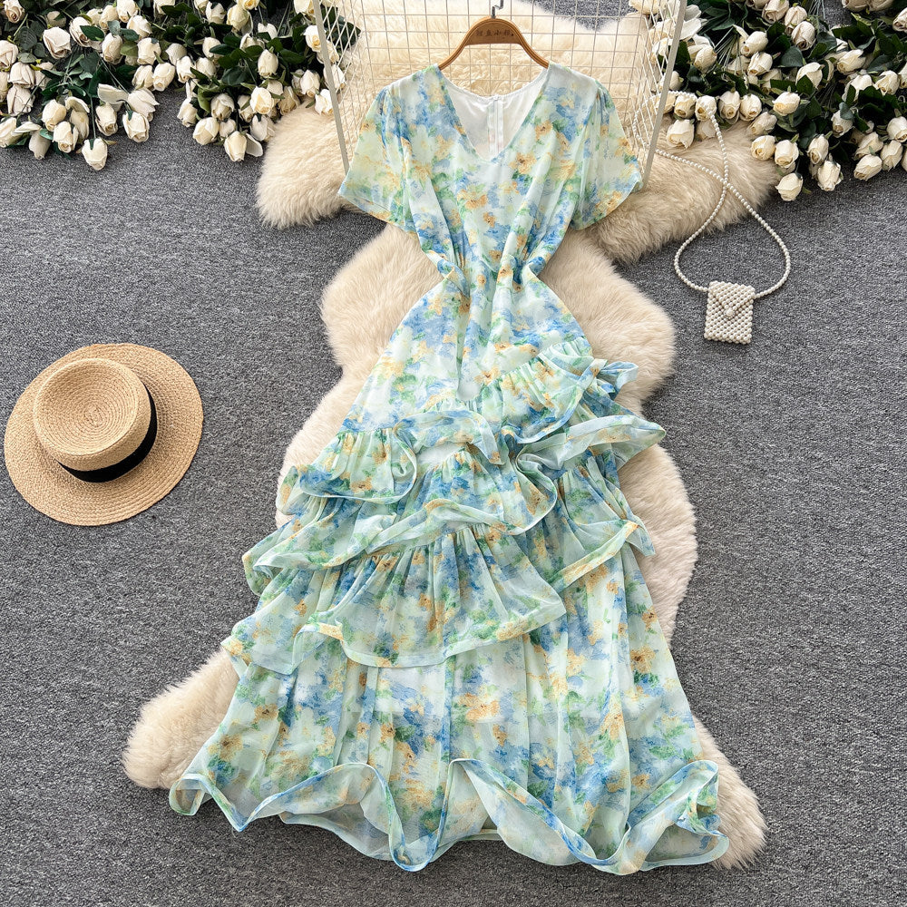 French chic v-neck floral dress - women's summer irregular short sleeve, slim fit a-line maxi dress - perfect for vacation