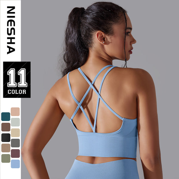 European and American solid color cross back sports underwear tight shock-proof gathering high-strength vest yoga fitness bra women