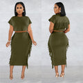 X6331 cross-border   fashion women's solid color tassel crew neck short sleeve maxi dress two-piece set
