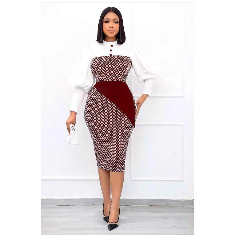 African foreign trade  hot-selling women's fashion plaid patchwork bodycon pencil skirt ol daily commute dress