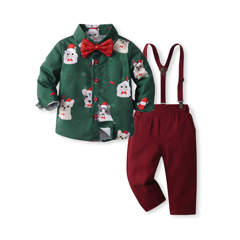 new product kidslong sleevesshirt overalls christmas printingsuit boyssuit first birthday dress
