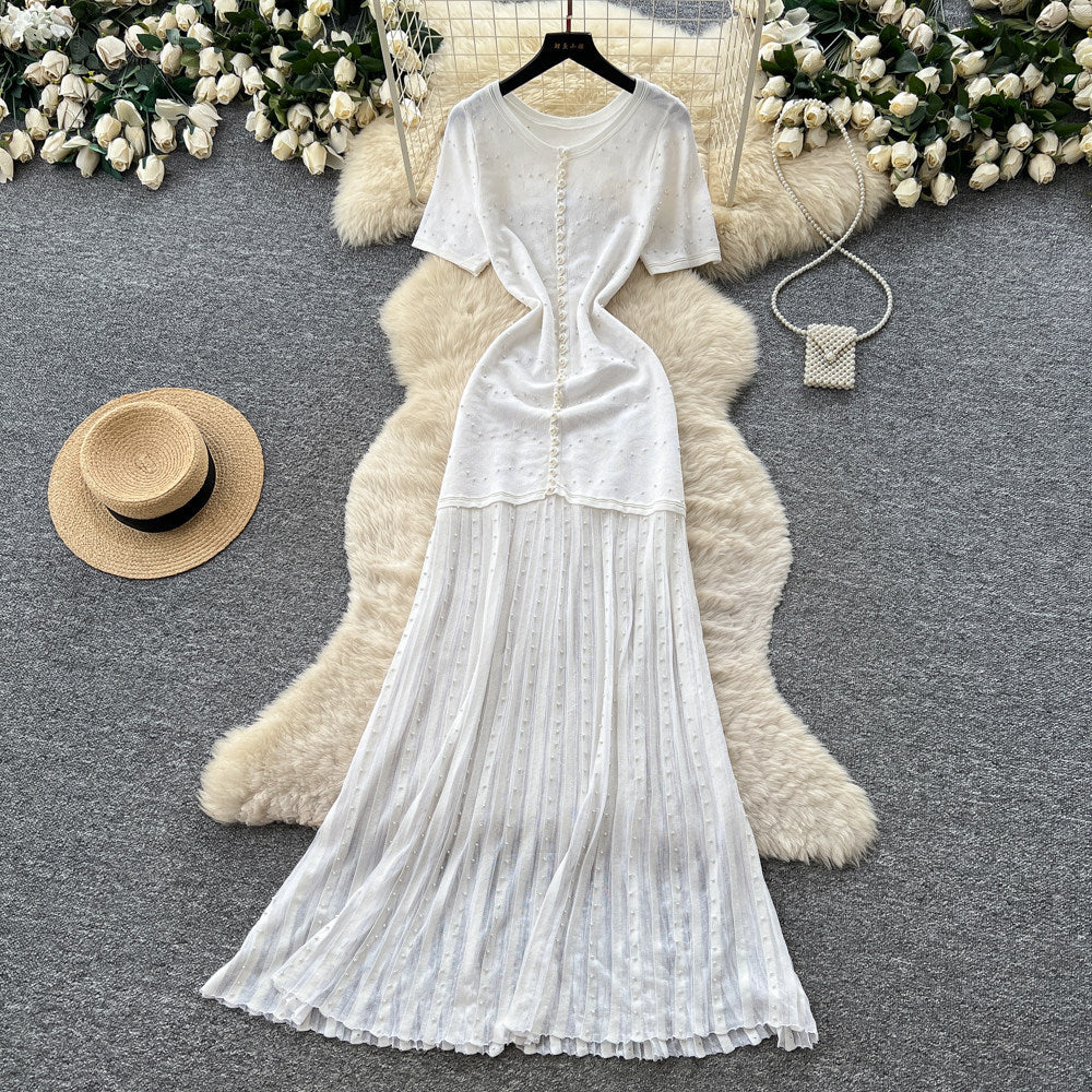 French style beaded knit dress - women's short sleeve high waist a-line dress - slimming, commute-friendly, elegant maxi dress