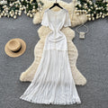 French style beaded knit dress - women's short sleeve high waist a-line dress - slimming, commute-friendly, elegant maxi dress