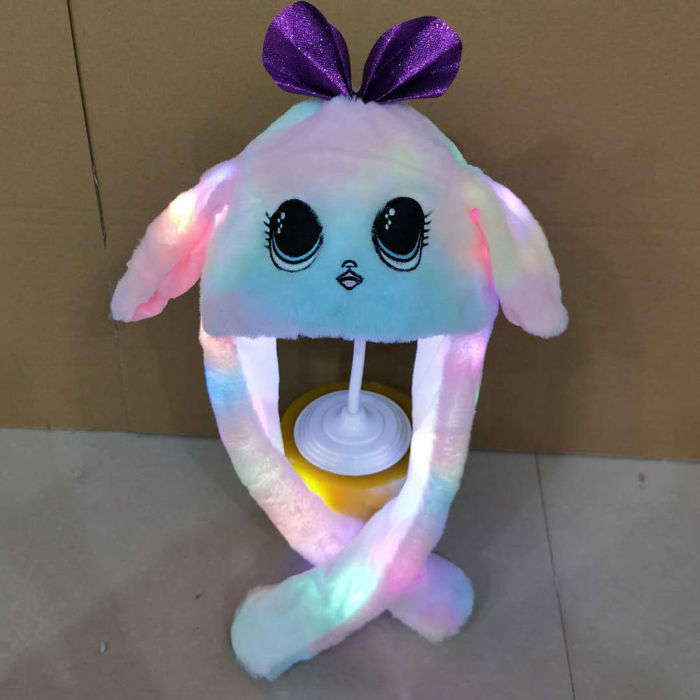 Tiktok viral cute plush bunny hat - squeeze the ears to make them move! light-up airbag beanie for warmth and cold protection