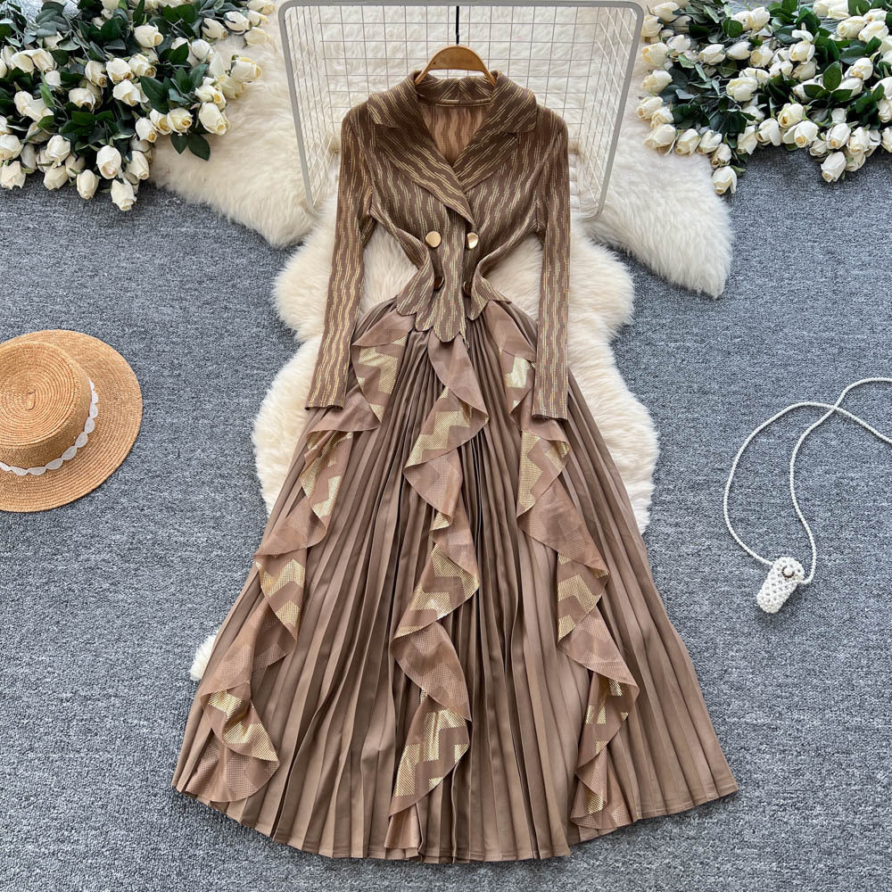 Miya european and american high-end western style suit collar long sleeves double-breasted waist patchworkruffles pleated longdress