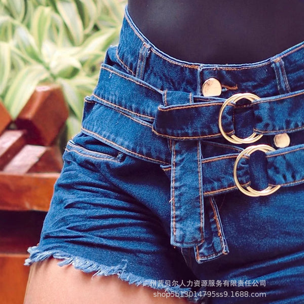 Double strap splicing edging tight denim shorts