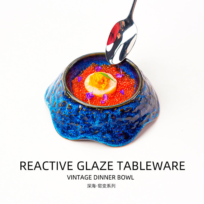 Creative kiln-turned-blue ceramic tableware ceramic bowl restaurant hotel dessert bowl salad bowl good-looking rice bowl