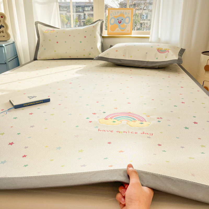 Summer ice rattan mat three-piece cartoon mattress foldable embroidered ice silk mat can sleep naked air conditioner soft mat