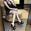 2025 new fuzzy chunky heel sandals women's square toe platform ankle strap high heels sexy nightclub party shoes with skirt
