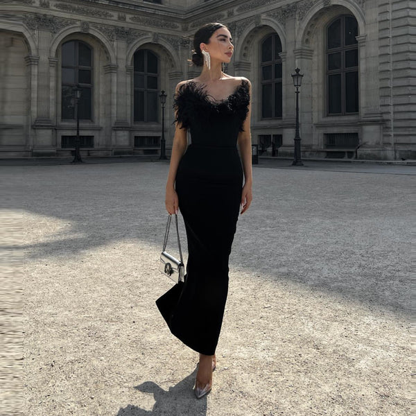 High-end trend niche designer evening dress autumn and winter women's clothing trend ostrich hair Gowns bandage dress women