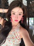 Super fairy and beautiful seaside resort style red flower tassel earrings for women, accessible luxury, high-end earrings, huge beautiful earrings