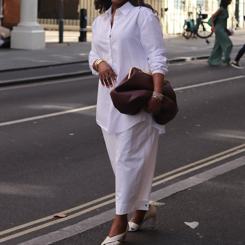 European and american cross-border women's fashion  autumn new arrival casual turn-down collar white long-sleeve shirt and cropped wide-leg pants set