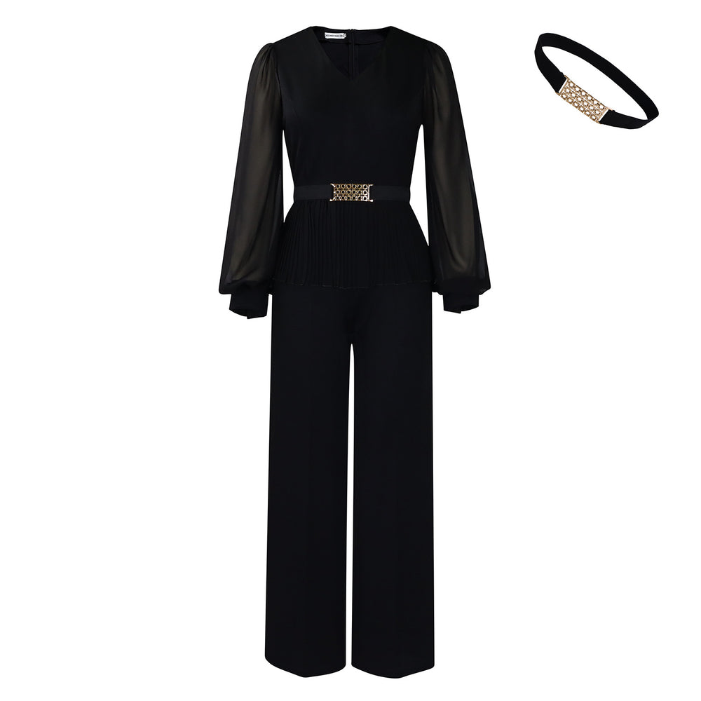 D555 cross-border women's elegant & chic office outfit: v-neck long sleeve ruched waist top & wide leg pants set