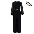 D555 cross-border women's elegant & chic office outfit: v-neck long sleeve ruched waist top & wide leg pants set