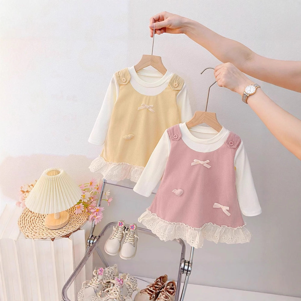 Baby girl autumn chic bowknot tank top faux two-piece dress,  new korean style lace trim dress for girls