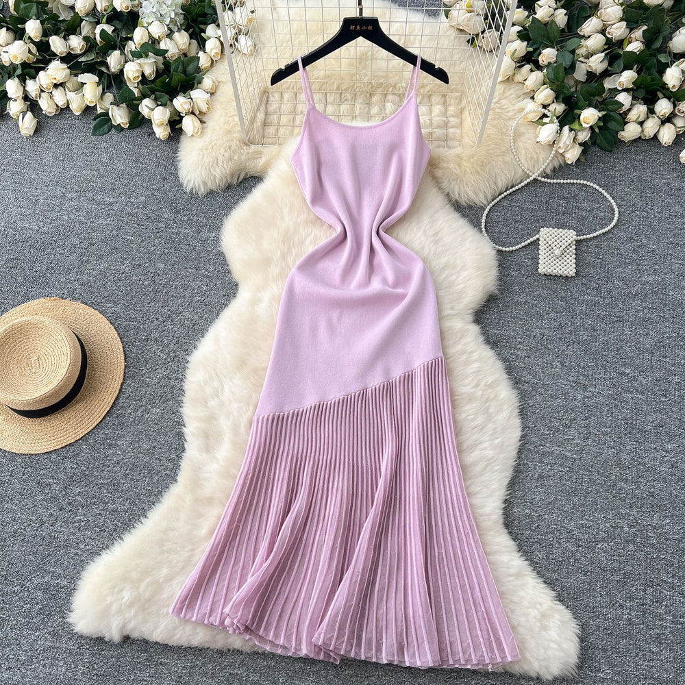 High-end see-through pink patchwork dress for women, new summer style, sweet and spicy girl, knitted camisole, beach-ready mermaid maxi dress
