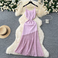 High-end see-through pink patchwork dress for women, new summer style, sweet and spicy girl, knitted camisole, beach-ready mermaid maxi dress