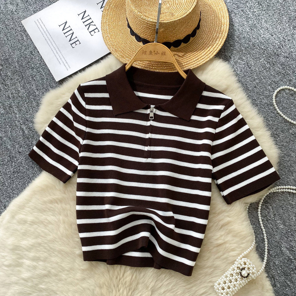 Women's short-sleeve knit top -  summer korean style, trendy color block striped tee, versatile top
