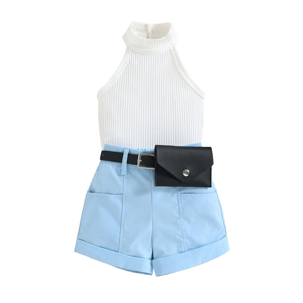 exportchildren's suit  summernew arrivalgirl pit sleeveless topspure color waist bag shortssuit