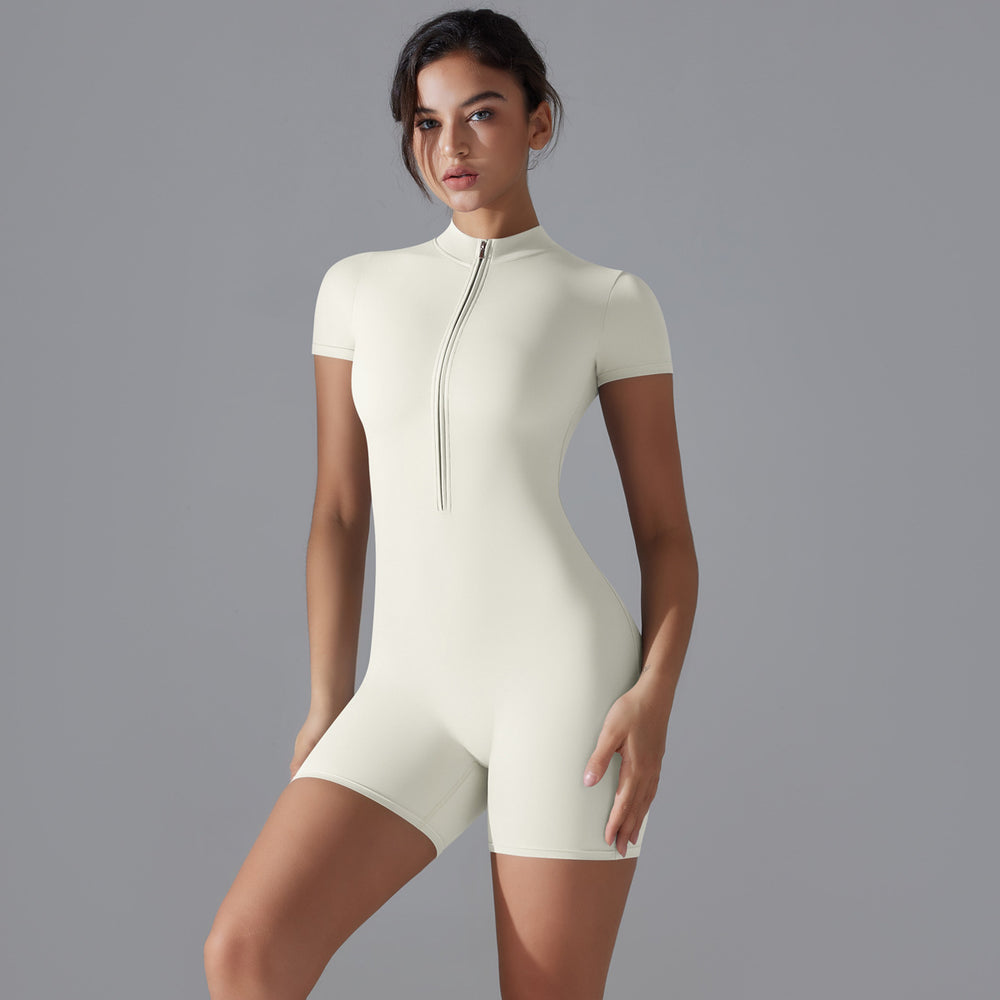 Fashion nude all-in-one style yoga clothes stand collar half open zipper short sleeve fitness jumpsuit tight sports jumpsuit