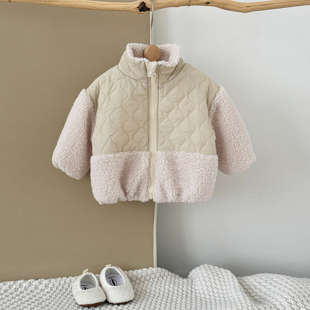 fall/winter new collection: kids' lambswool patchwork padded jacket - thickened warm outerwear for boys and girls, korean style stand collar with zipper closure
