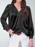 hot-selling women's satin ruched long sleeve top - v-neck casual loose satin commute blouse