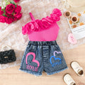 new girls' ruffle trim one-shoulder cami top + heart print denim shorts set