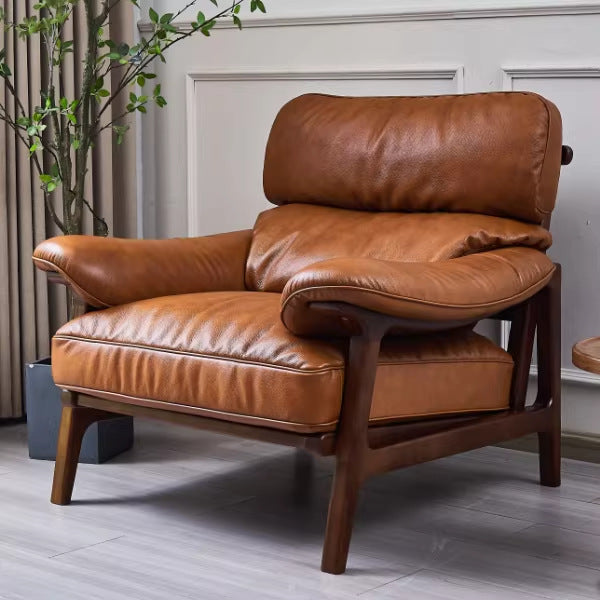 Second-hand style grids first layer real cowhide retro ash wood living room balcony tea master chair single sofa lounge chair