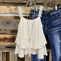 Exportfashion gentle style topsstereo white flower lace shoulder strap double layerloosedraped sleeveless suspender back