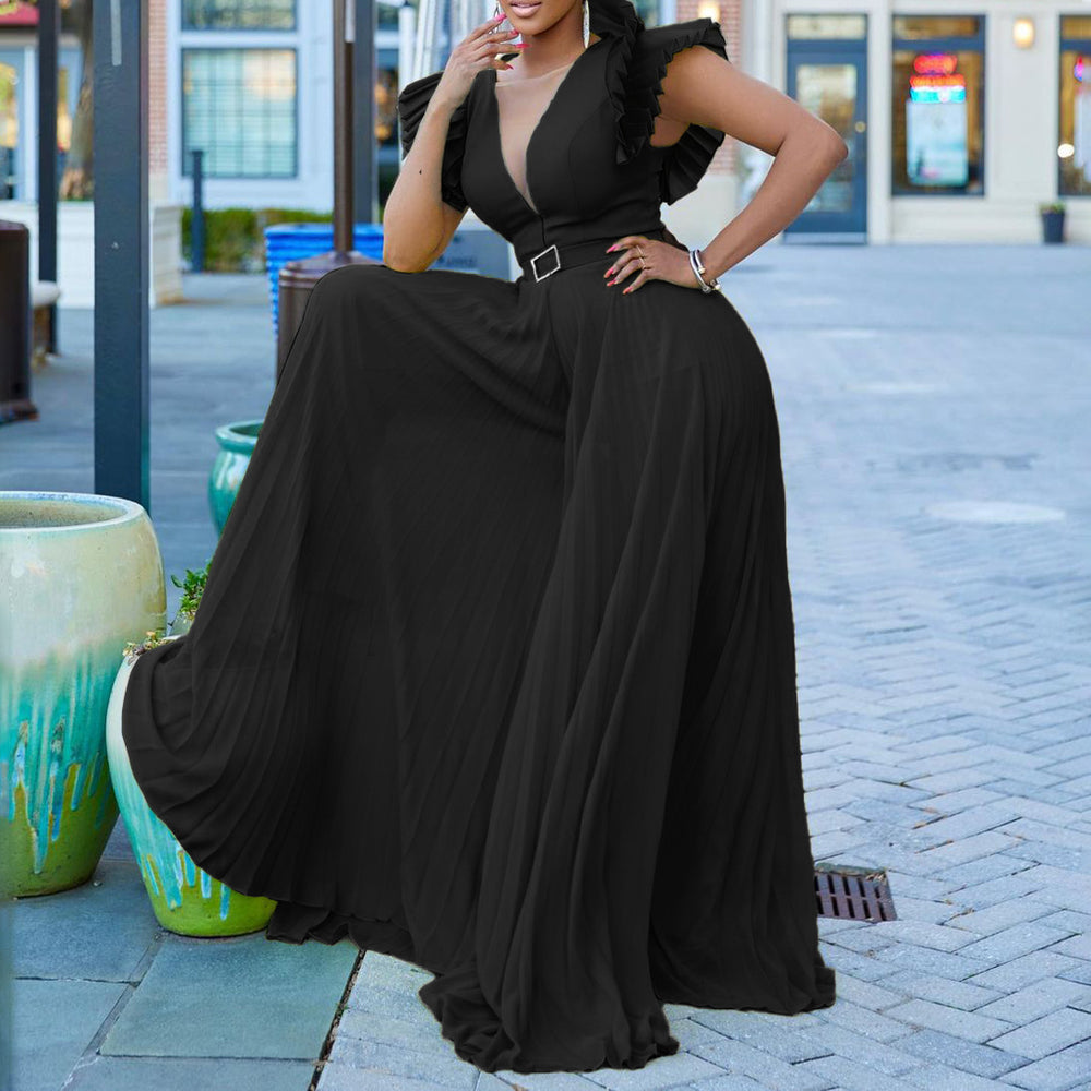 C8520p with belt cross-border european and american women's clothing  sexy deep v pleated wide leg large size foreign trade jumpsuit