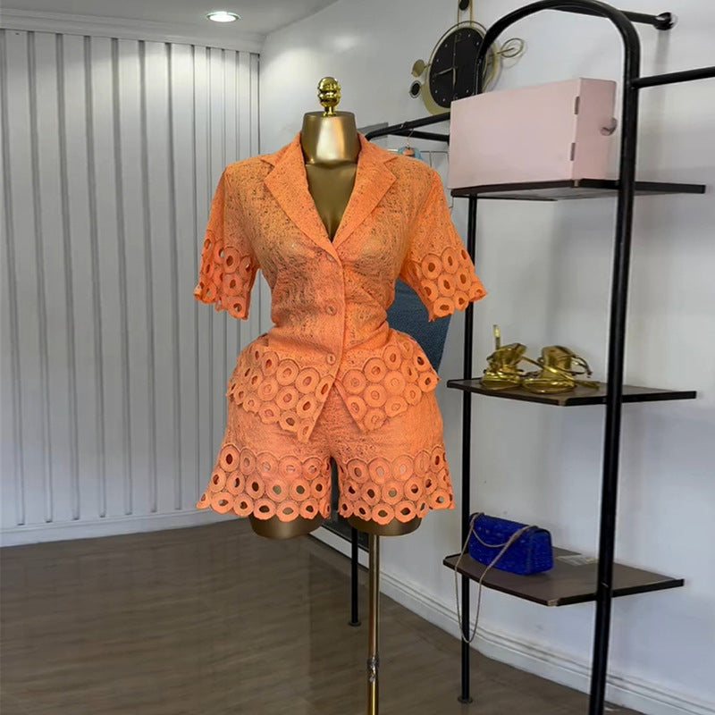 European and american cross-border women's fashion:  summer new arrival - stylish turn-down collar, hollow-out short sleeve shirt & wide-leg shorts casual set