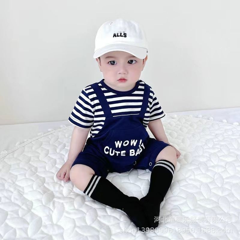 Infant and toddler summer super cute fashion onesie, unisex baby romper, stylish faux suspender short-sleeve jumpsuit for outdoor wear