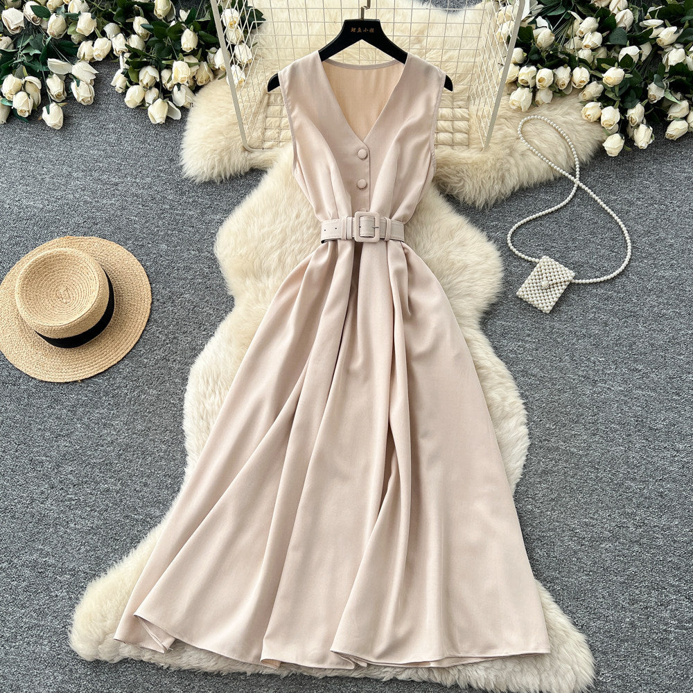 Qianjin wind sleeveless waist pure desire dress women's summer single breasted high waist a-line skirt work clothingelegantclassy