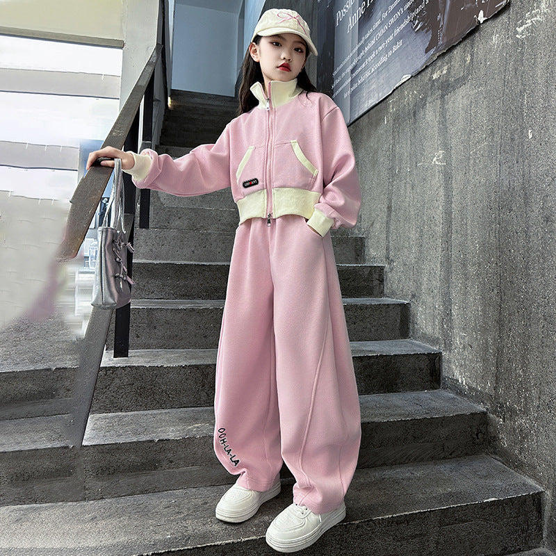autumnew arrivalgirlsuitautum clothingchildrenk-style stand collar spring & falloutwearloose pantssuit