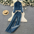 Women's casual fall outfit: loose-fit fashion two-piece set with color-blocked striped long-sleeve denim jacket and high-waisted wide-leg pants