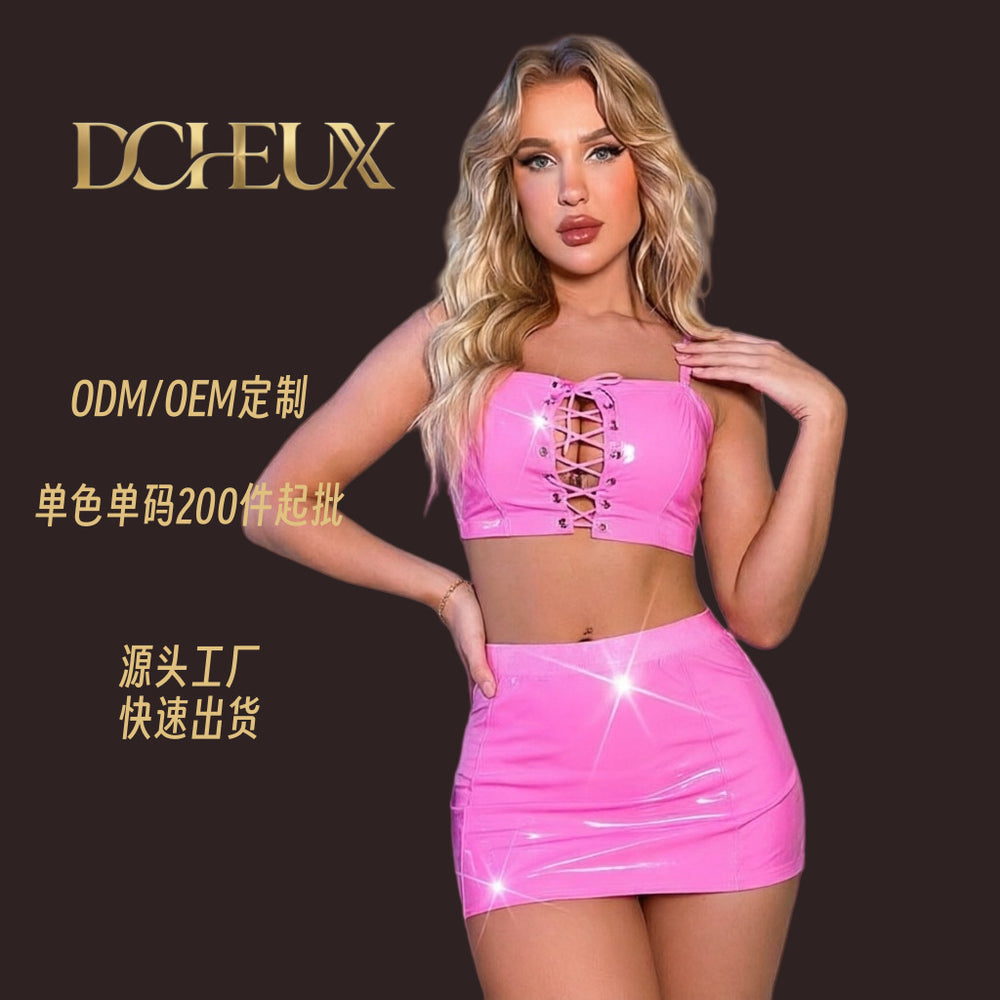Dcheux cross-border foreign trade fashion  new patent leather sexy suit with straps and temptation for women can be customized