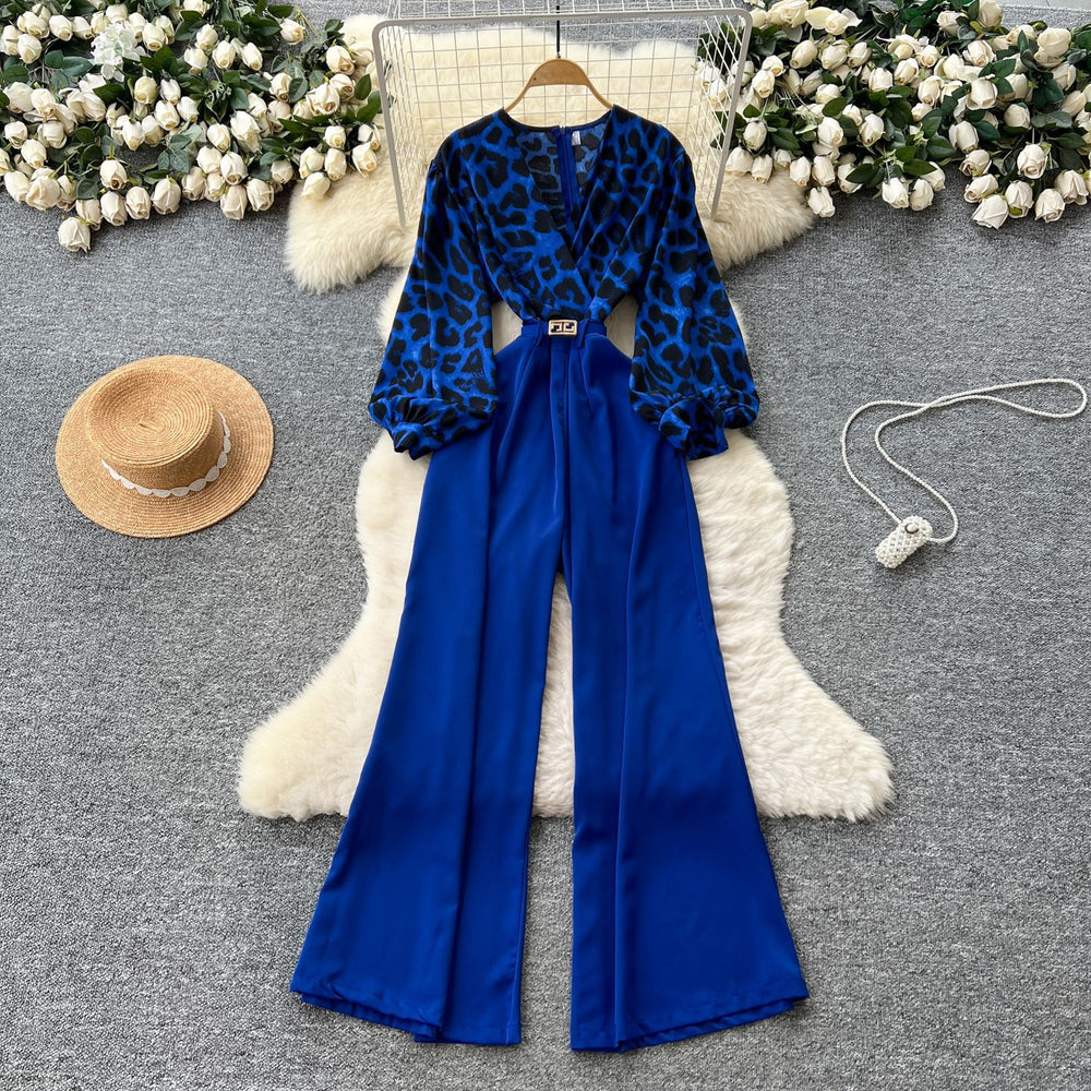 Accessible luxuryfashionclassy sense leopard print jumpsuit women's autumn puff sleeves cross collar wide leg drapedilm slimming look royal sister pants