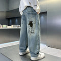 Boys' jeans - spring korean drama style, relaxed fit straight leg, embroidered trendy casual pants for kids and teens