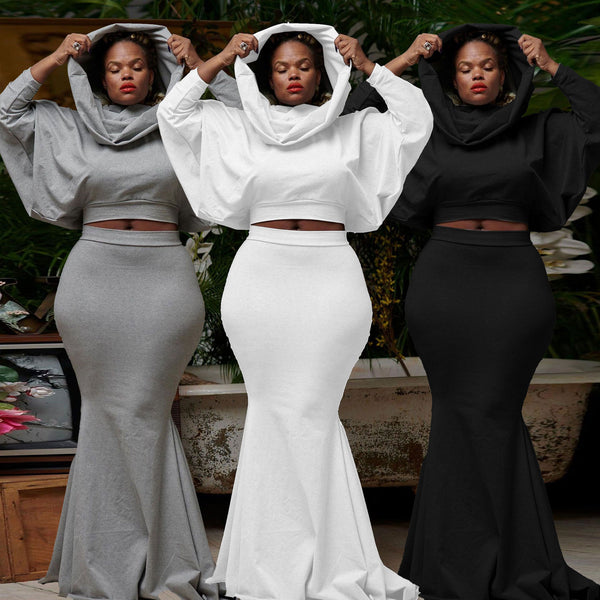 S10615 European and American, sexy, slim fit, solid color hooded fishtail skirt set