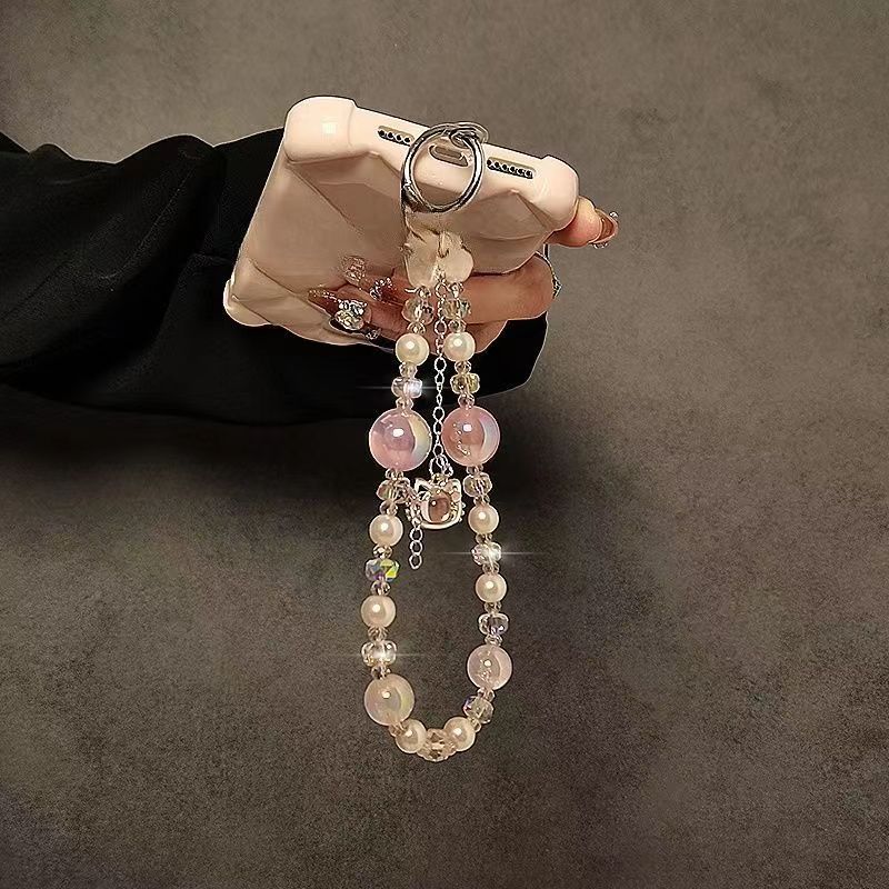Creative mobile phone hanging chain pendant cat tassel accessible luxuryshort fairy pearl crystal satchel chain mobile phone case lanyard
